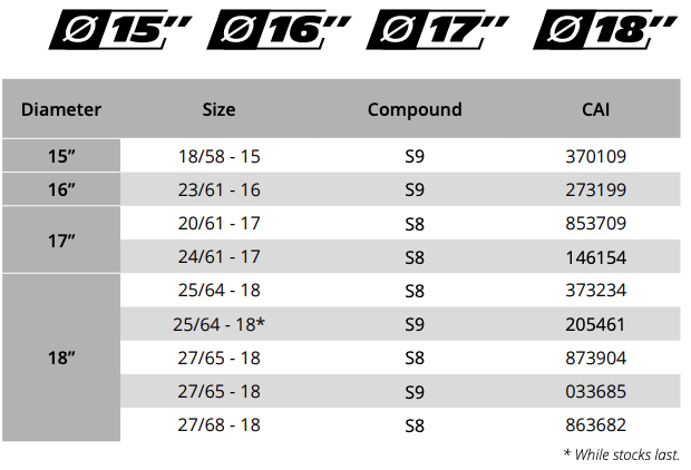 Pilot Sport GT L - Available Sizes