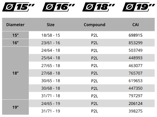 Pilot Sport GT P2L - Available Sizes